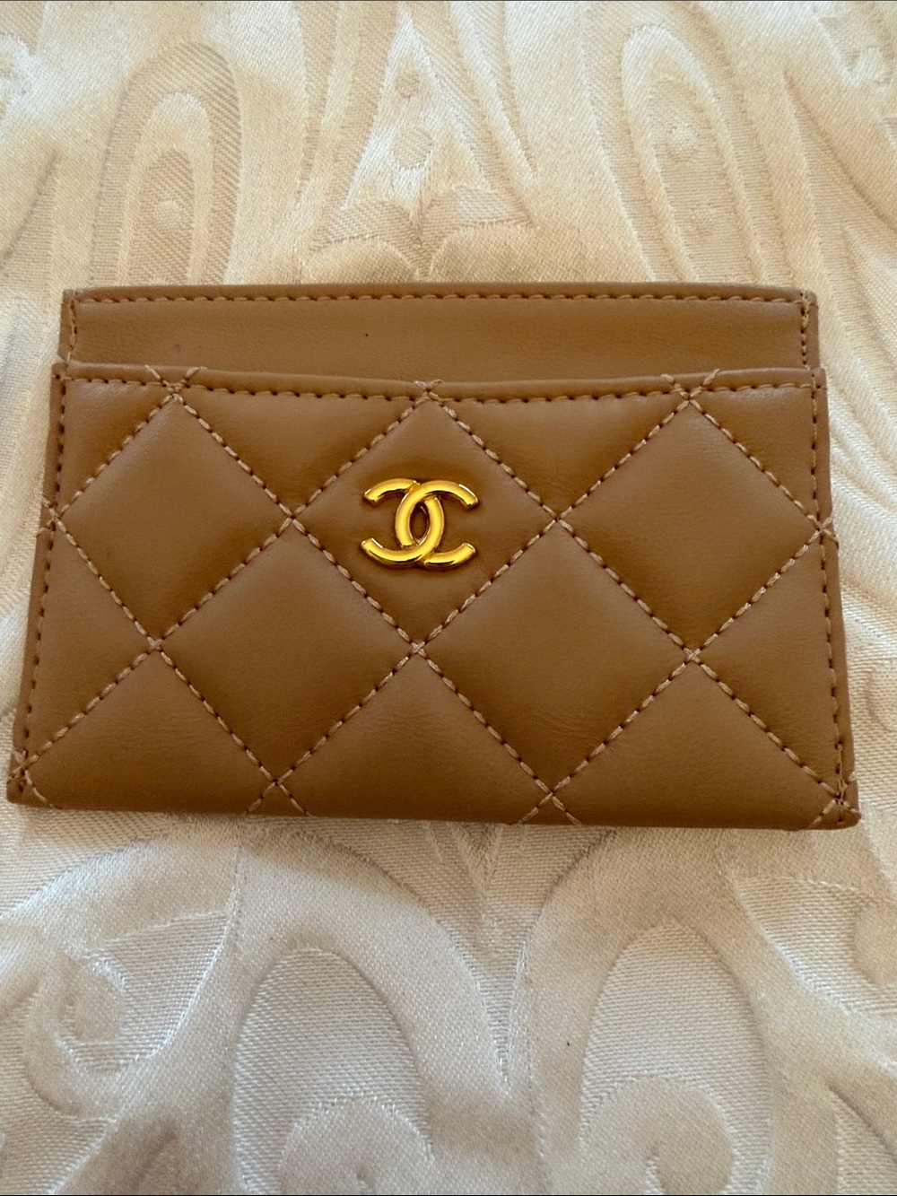 CHANEL inspired Quilted Card Holder in Cognac Brown with Gold CC